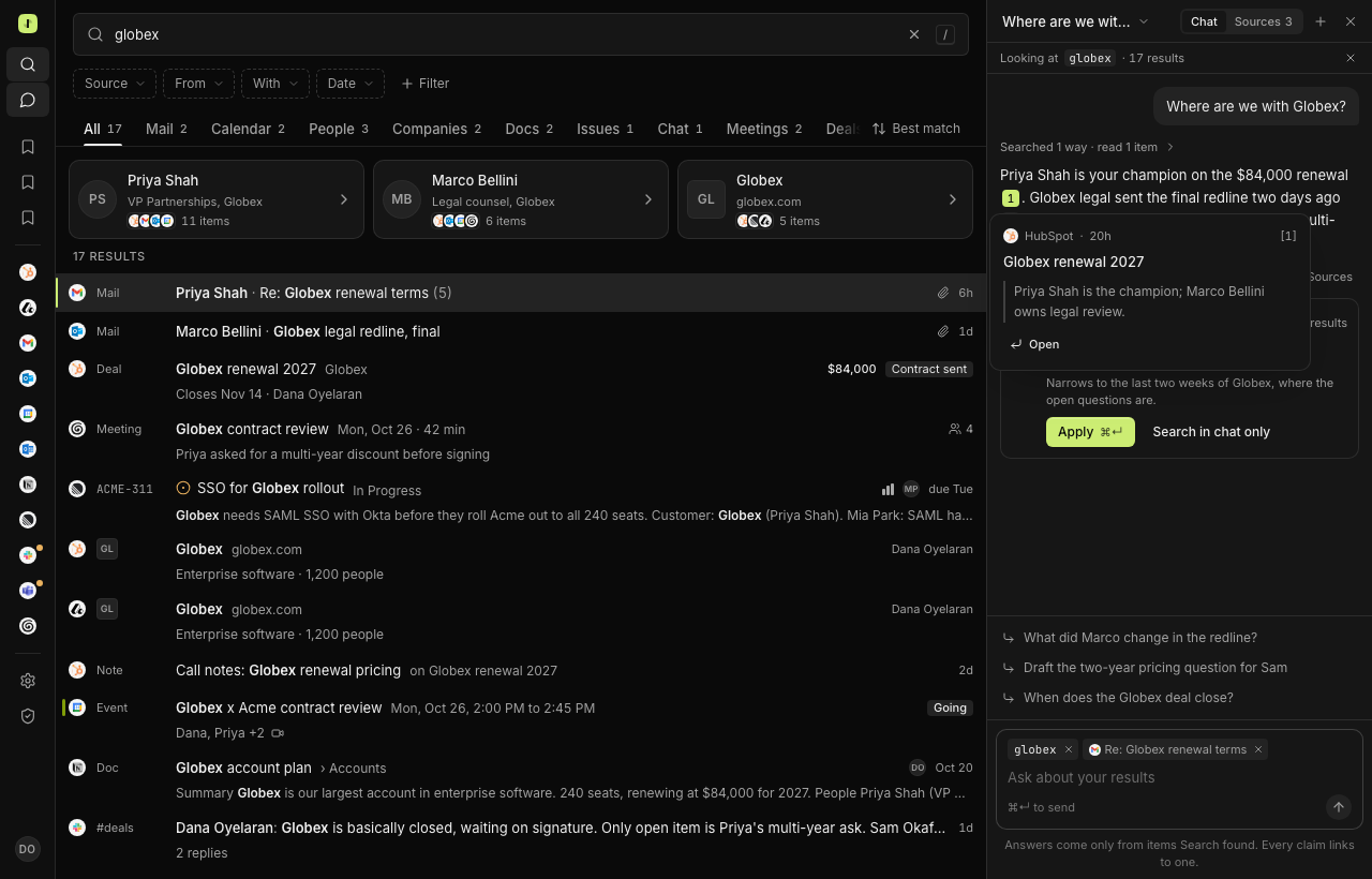 Search with the assistant docked on the right: asked where things stand with Globex, it answers with numbered citations, one opened to the HubSpot deal it quotes