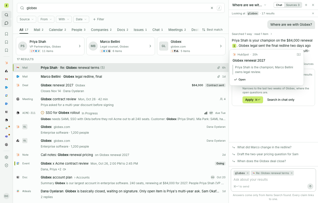 Search with the assistant docked on the right: asked where things stand with Globex, it answers with numbered citations, one opened to the HubSpot deal it quotes