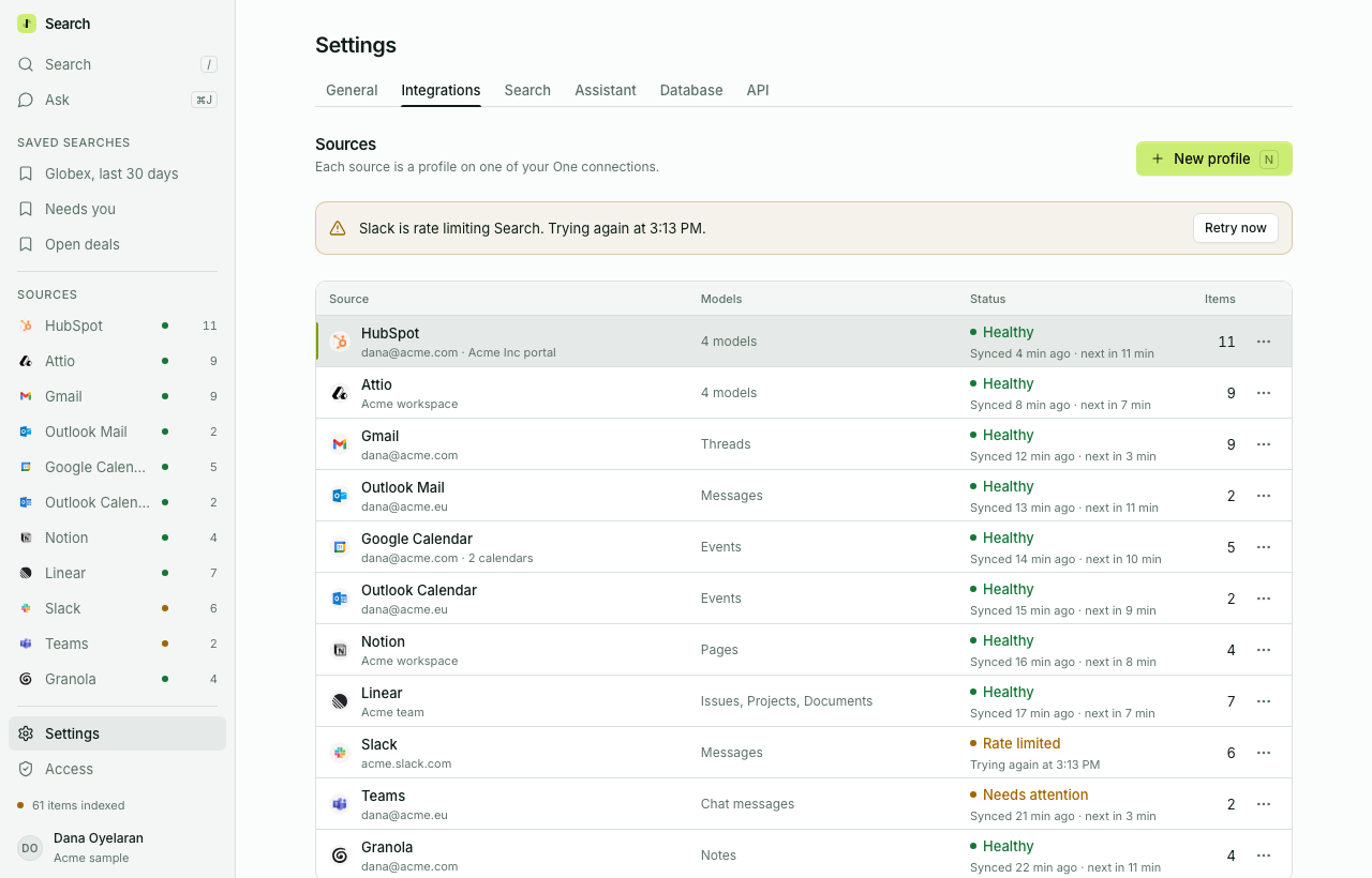 Settings, Integrations: eleven sources with their models, sync status and item counts, one marked rate limited with a retry time