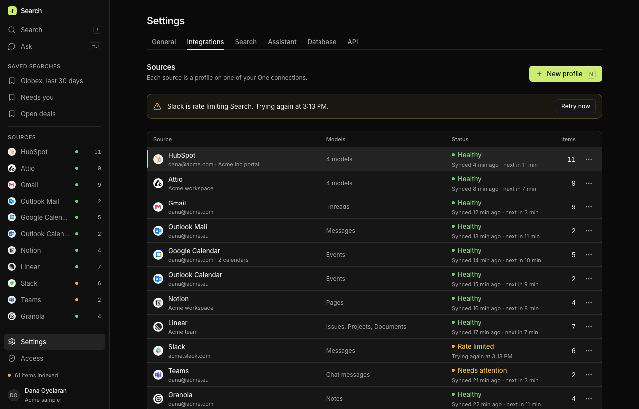 Settings, Integrations: eleven sources with their models, sync status and item counts, one marked rate limited with a retry time