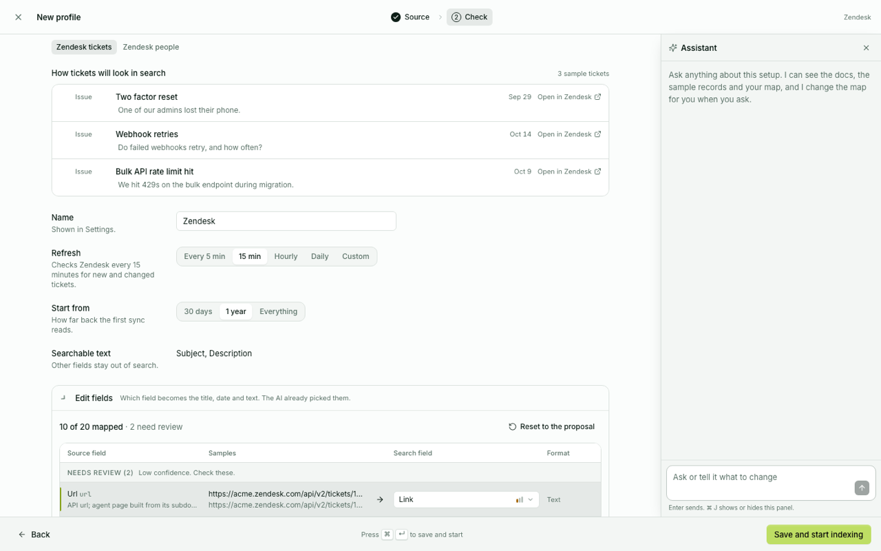 New profile, the Check step for Zendesk tickets: three sample tickets shown as search results, the name, refresh and start-from settings, and the assistant docked on the right