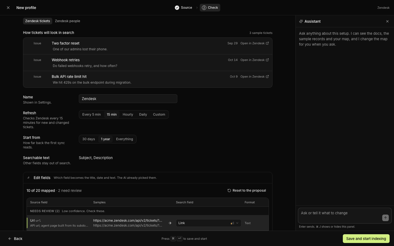 New profile, the Check step for Zendesk tickets: three sample tickets shown as search results, the name, refresh and start-from settings, and the assistant docked on the right
